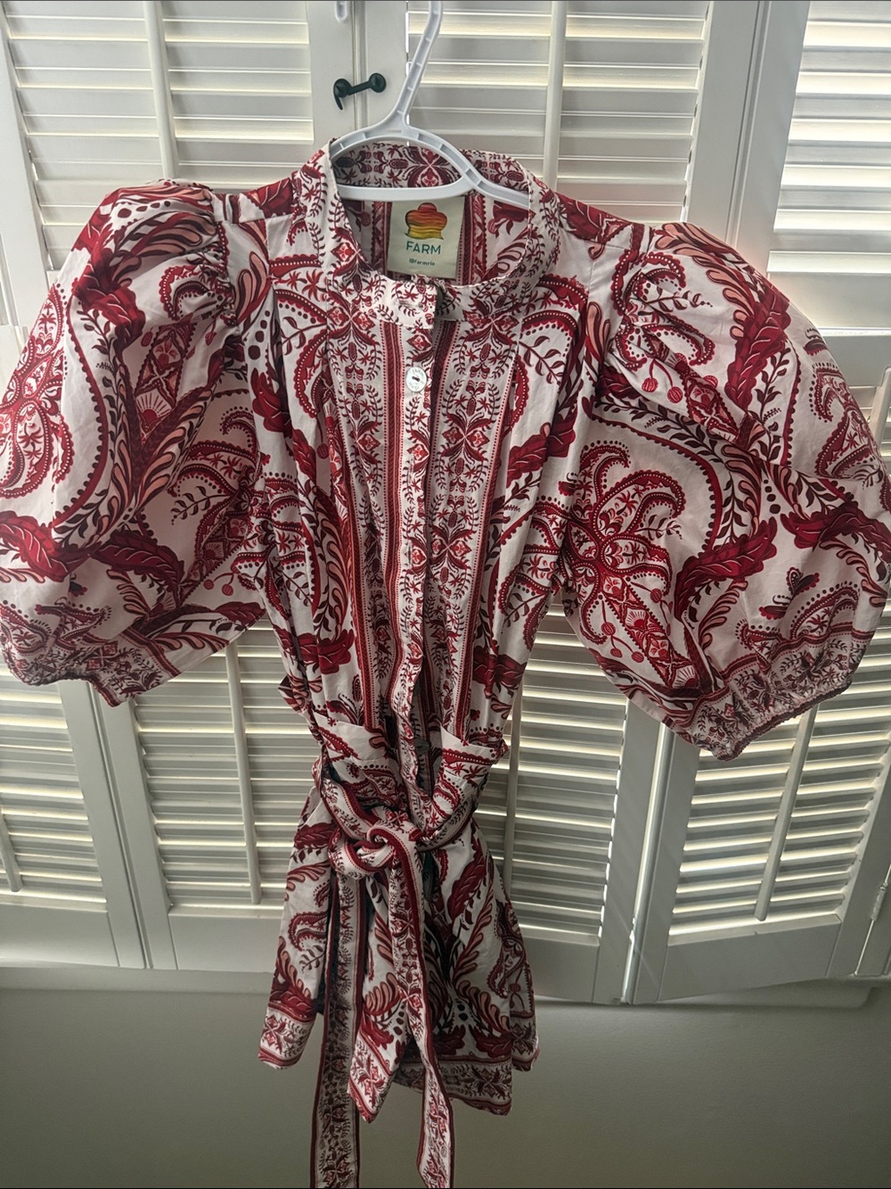 FARM Rio White short romper with Red Paisley Puff Sleeves